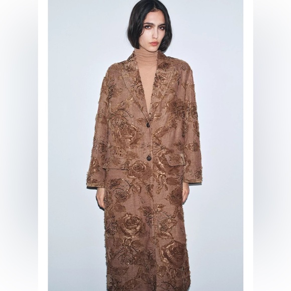 NWT Zara Limited Edition Floral Embroidered Long coat light Brown Sz M - Picture 7 of 17